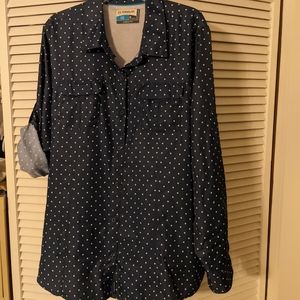 Magellan long sleeve fishing shirt. Navy polka dot.